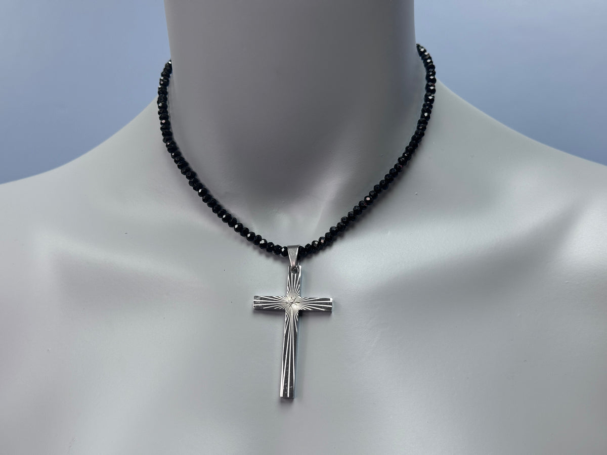 Starburst Cross Black Onyx Beaded Necklace