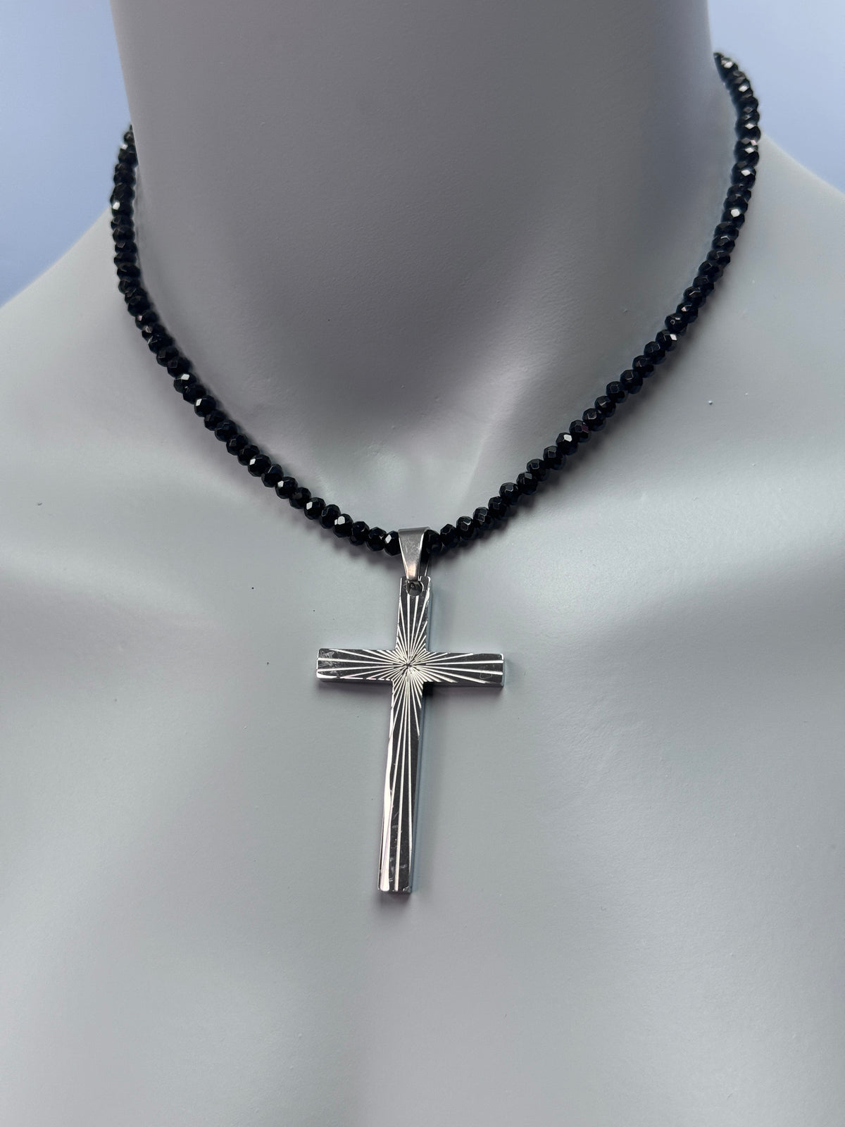 Starburst Cross Black Onyx Beaded Necklace
